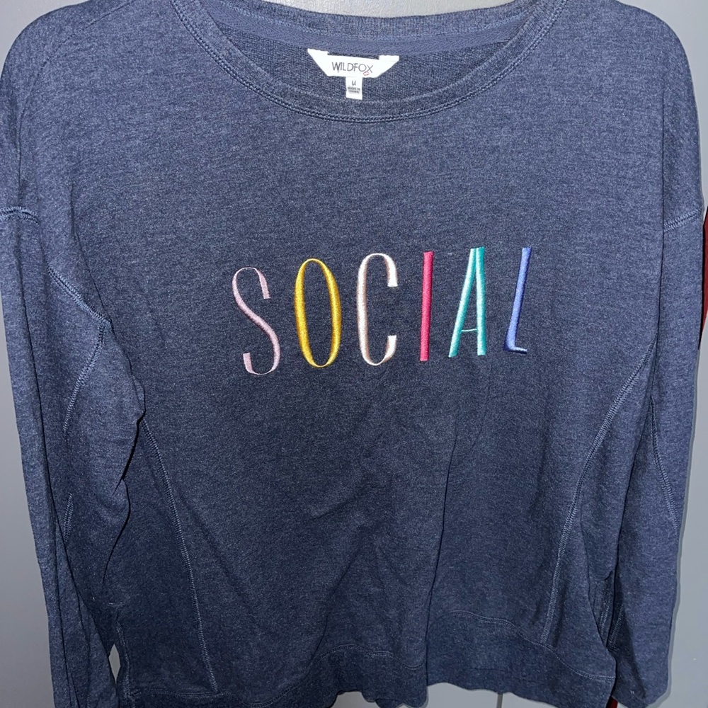 Wildfox Blue Sweatshirt with Multicolor 'Social' Embroidery